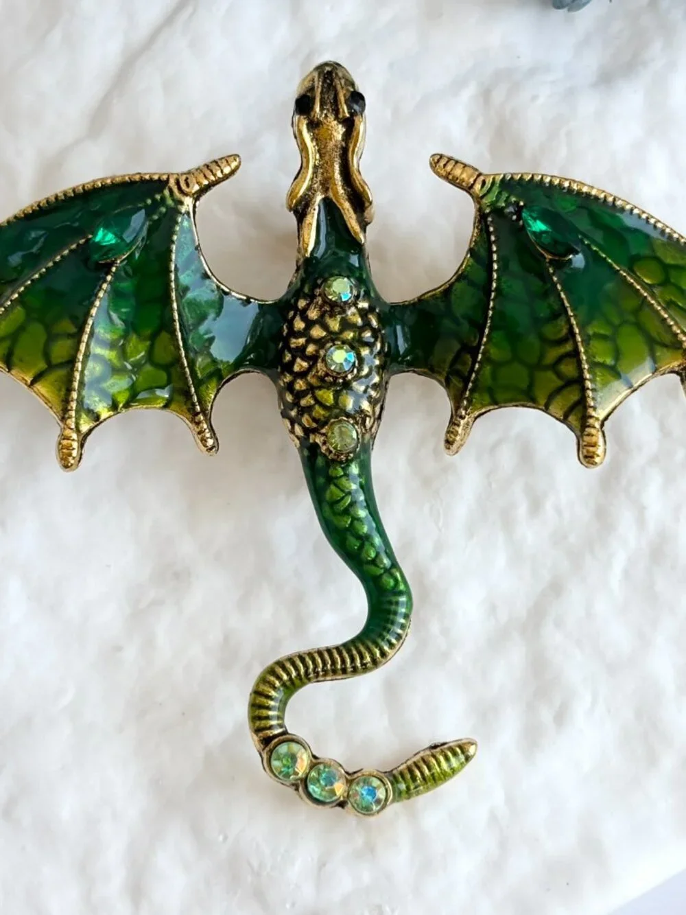 Dragon Figural Green Enameled Rhinestone Accented Gold Toned Brooch Pin